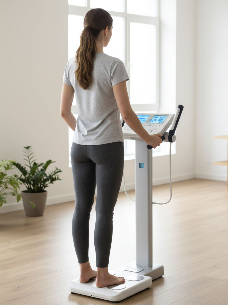 Paciente en la clínica beatriz nutrición pasando por la Tanita.